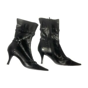 Carlos Santana Black Leather Strappy Pointed Toe Heel "Trail" Boots Women's 7